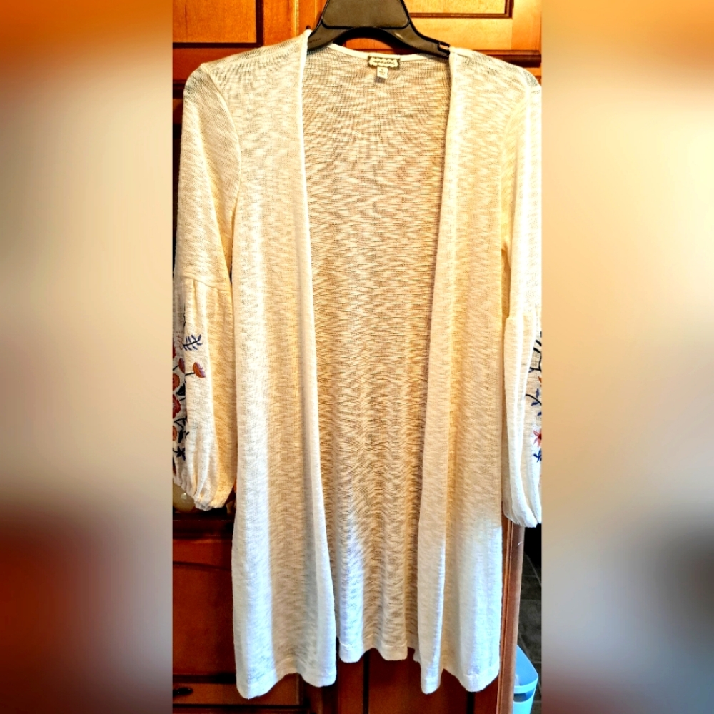 Ladies Eyeshadow Small Floral Long Cardigan Cream Embroidered Open Front